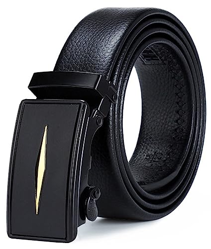 Image of Men's Black Leather Formal Belt, Automatic Grip Buckle, Adjustable Waist Strap, Free Size