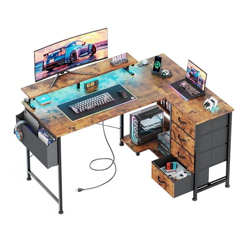 Image of VERMESS 47 inch Reversible L Shaped Gaming Computer Desk, Corner Desk with Power Outlets & Monitor Stand, Writing Study Table with 4 Storage Drawers, Desk with LED Lights, Rustic Brown