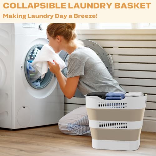 Image of OOAMBB 43L+43L Collapsible Laundry Baskets plastic (Beige, 2 Packs) | Pop Up Laundry hamper /Storage Container, Foldable Laundry Basket with Handles, Durable,Space Saver