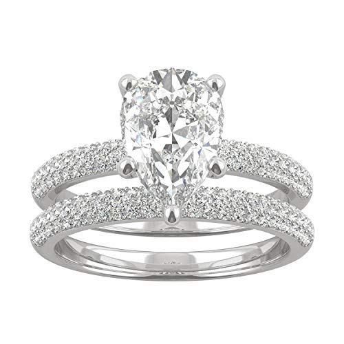 Charles & Colvard Created Moissanite 10x7mm Pear Cut Bridal Ring Set for Women | 2.84 cttw DEW | Lab Grown | Solid 14K White Gold with Rhodium