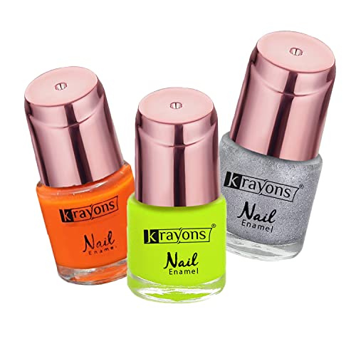 Image of Krayons Crazy Gel Nail Enamel, Waterproof, Longlasting, 8ml Each, Multicolor, Pack of 3 (Neon Orange, Neon Yellow, Silver Glitter)