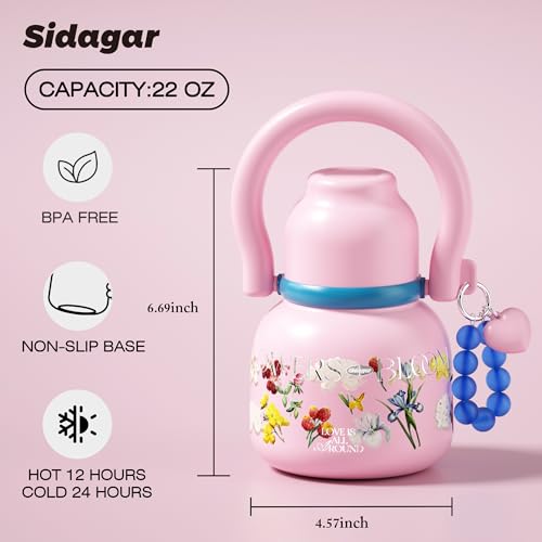 Sidagar 22 oz Water Bottle with Straw and Bowl, Unique Wide Mouth Insulated Stainless Steel Tumbler, Travel Water Cup Flask for Women, Easy Carry - Floral Pink — view 2