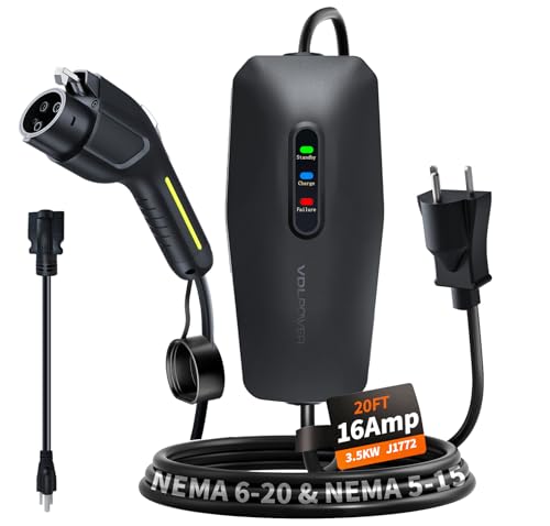 VDLPOWERVP Level 1&2 EV Charger, Electric Vehicle Portable Charger with 20FT Cable, 3.5KW 16Amp Home EV Car Charging Station, 110V-240V NEMA 6-20 & NEMA 5-15 Plug Adapter, for All SAE J1772