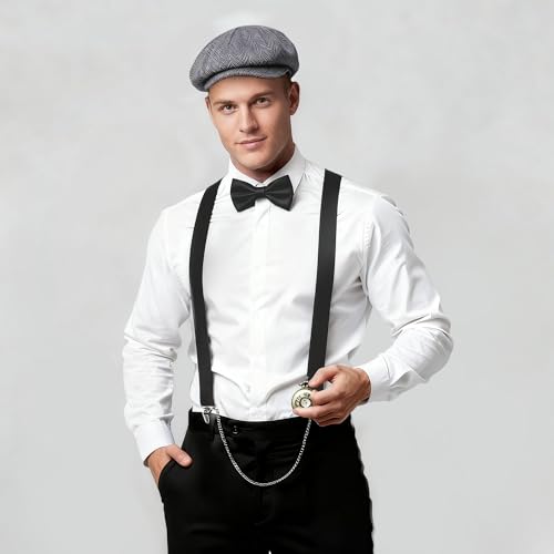 Image of BABEYOND 1920s Mens Gatsby Gangster Costume Accessories Set 30s Manhattan Fedora Hat Bow Tie Suspenders