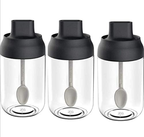 Condiment Container Canister Seasoning Box Set of 3 Spice Jars Salt Sugar Glass Condiment Pots Transparent Storage Container with Spoon Olive Oil Bottle