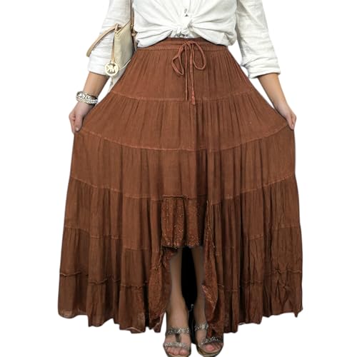 Agan Traders Women's 2025 Spring Peasant Tiered A Line Flared High Low Elastic Waistband Flowy Long Maxi Skirt3
