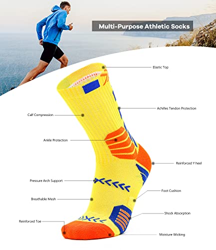 Goqcn Mens Basketball Socks Elite Athletic Crew Socks For Womens Youth Boys Yellow, 6-12 #TOP3