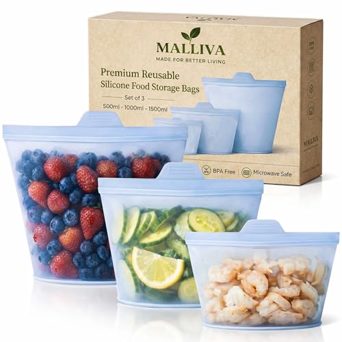 MALLIVA Reusable Silicone Food Storage Bags, 3 Pack (17oz, 34oz