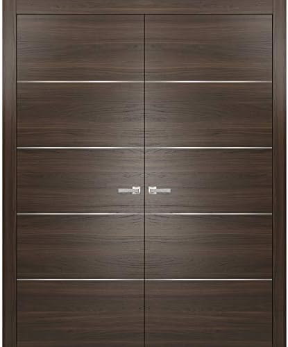 Brown Modern French Doors 64 x 80 with Moldings | Planum 0020 Chocolate Ash | Frame Trims Lever Satin Nickel Hardware | Closet Solid Core Door