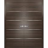 Brown Modern French Doors 48 x 80 with Moldings | Planum 0020 Chocolate Ash | Frame Trims Lever Satin Nickel Hardware | Closet Solid Core Door