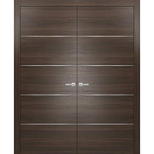 Brown Modern French Doors 48 x 80 with Moldings | Planum 0020 Chocolate Ash | Frame Trims Lever Satin Nickel Hardware | Closet Solid Core Door