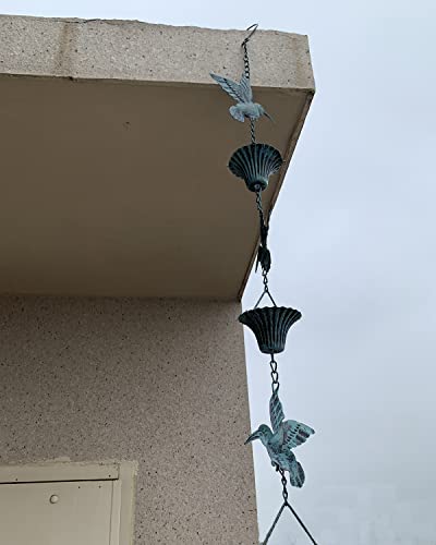 Aifeorzo Rain Chain 8.5Ft, Hummingbird And Cup Rain Chains For Gutters, Functional Replacement For Downspout, Metal Rainwater Catcher Chain, Outdoor Garden Decor, Antique Blue #TOP3