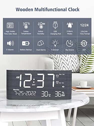 Dual Wooden Alarm Clock For Bedroom,Digital Clock With Weekday /Weekend/Every Day/One Day,Humidity&Temperature,Date,Time,Week,Brightness,Snooze,Phone Charger,Wood Led Desk Clock For Office Home Travel #TOP1