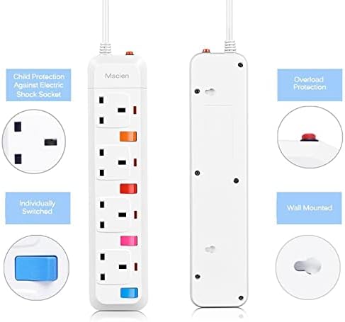Mscien 3M Extension Lead With Independent Switch 4 Way Extension Lead UK Wall Mount Power Strip With 3 Meter Extension Cord 4 Gang Plug Extension Sockets 2500W/10A