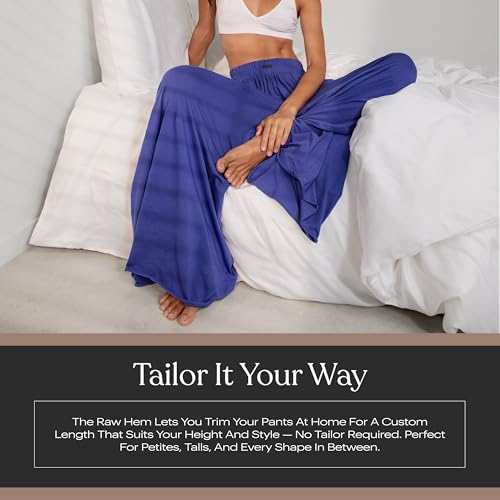 Image of Lunya Organic Pima Wide Leg Cotton Pants for Women - Organic Cotton Palazzo Pants - High Rise Wide Waistband - Raw Hem for Customization - Relaxed Lounge Wear - Small - Royal Lagoon