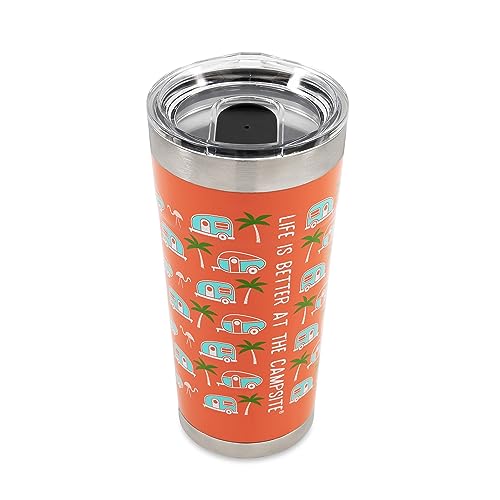 Camco Life is Better at The Campsite Tumbler | Heavy Duty Double Wall Vacuum Insulation | Crafted of 18/8 Stainless Steel | Unique Palm Tree & RV Design on Pink Background | 20-oz (53322)