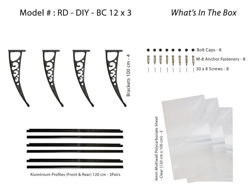Image of CHENNAI Window Blinds and Shades DIY Polycarbonate Awning (Engineered Plastic Brackets) Window Sunshade Door Weather Shed Rain Canopy Awnings - 12'Widthx3'Depth (Black Brackets & Clear Sheets)
