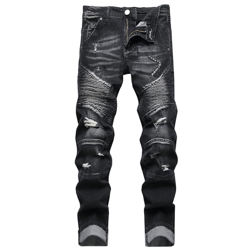 XIMXIMMTIAN Men's Biker Moto Washed Distressed Slim Fit Straight Jeans Denim