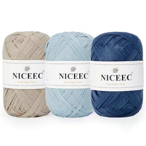 Image of NICEEC 3 Skeins Kraft Paper Yarn 474yds /5.3oz - Blue Series | Crochet & Knit, DIY Project Starter Kit，Handbag，Sun Hat，Shoes， Shopper Bag