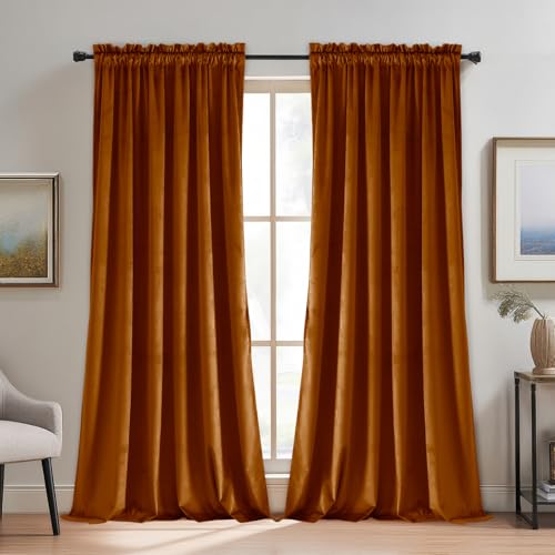 JIUZHEN Terracotta Red Velvet Blackout Curtains 52W x 108L 2 Panels