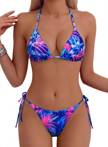 Image of Tainehs Women's Sexy Halter Thong Bikini Tie Two Sides Bottom Triangle Bikini Swimsuits