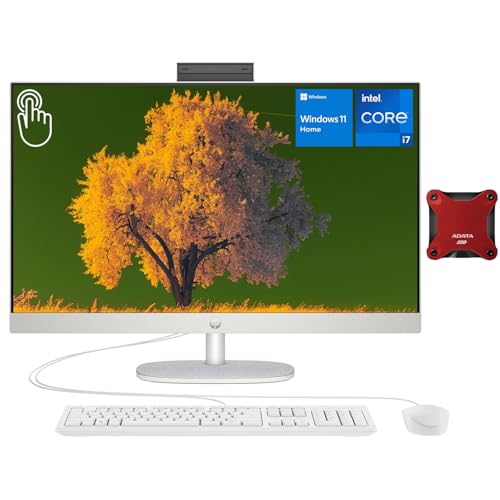 Image of HP Essential All-in-One Desktop, 27 inch FHD Touchscreen, Intel Core i7-1355U, 32GB RAM, 1TB SSD, Wi-Fi 6, Webcam, HDMI, RJ-45, Wired KB & Mouse, Bundle with ADATA 512GB External SSD, Windows 11 Home