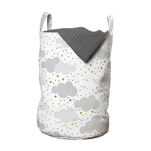Image of Ambesonne Clouds Laundry Bag, Themed Pattern with Dreamy Sky with Dots and Stars, Hamper Basket with Handles Drawstring Closure for Laundromats, 13" x 19", Grey Coffee