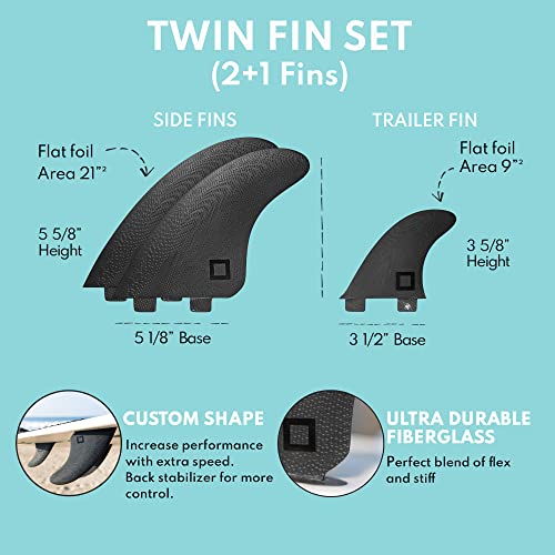 Surf Squared Twin Fin Set + Trailer Fin (2+1 Fins) - Solid Fiberglass For Lightweight Durability & Top Performance - Compatible With Fcs1 Twin Tab Surfboards, Shortboard, Fish - Black #TOP3