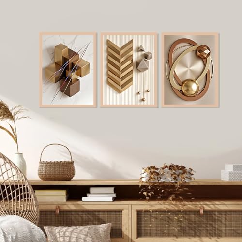 Image of ARAkri Geometric Abstract Wall Art Set of 3, Framed Poster Prints, Gold and Copper Tones, Modern Abstract, Ready to Hang, Living Room Decor (Art 3, 10x 13 inch)