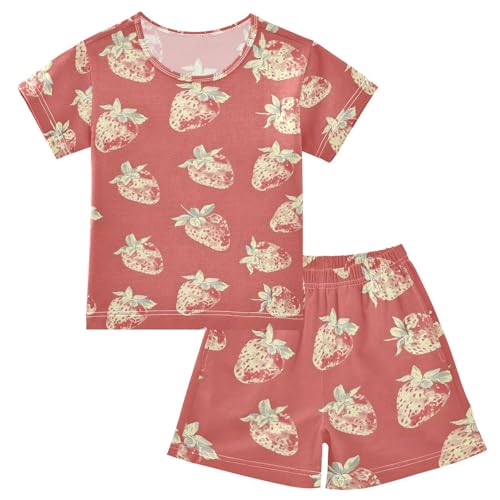 ALAZA Vintage Strawberry Watercolor Pajamas Set Short Sleeve Cotton Sleepwear Summer Pjs 2 Piece 5-14Y