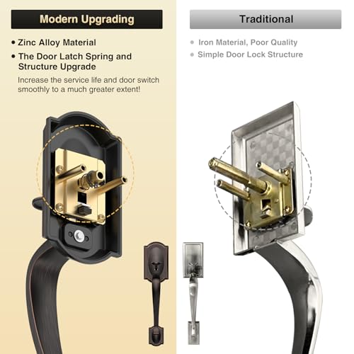 Image of Front Door Lock Set, Front Door Handle and Deadbolt Set, Vintage Exterior Door Lock Set, Front Door Handle with Single Cylinder, Reversible for Right & Left, Oil Rubbed Bronze