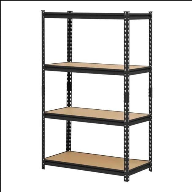 Image of Heavy Duty Metal Rack with Wooden Shelves (Adjustable), 30KG /Shelf, Boltless Storage Organizer, Multipurpose Display Shelves for Kitchen, Garage, Warehouse Black-4 Layers
