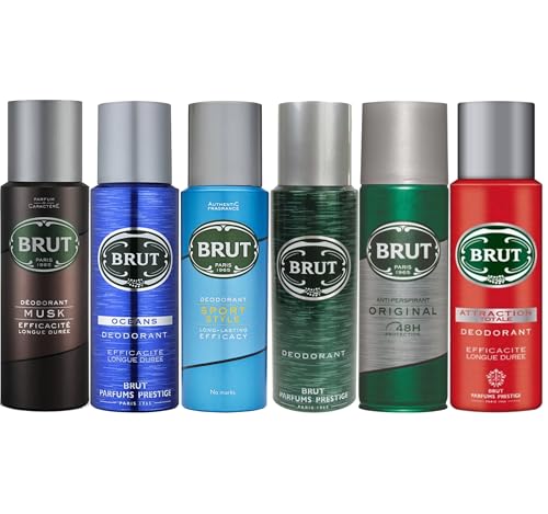 Men Deodorants Body Spray Multipack 6 x 200ml Featuring BRUT Original Attraction Totale Musk Oceans Sport Style Anti-Perspirant Original for Long-Lasting Freshness and Confidence