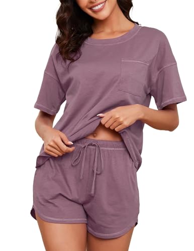 Image of KCW Pajamas for Women Set 2 Piece 100% Cotton Lounge Sets Short Sleeve Top and Shorts Pj Set Sleepwear Outfits