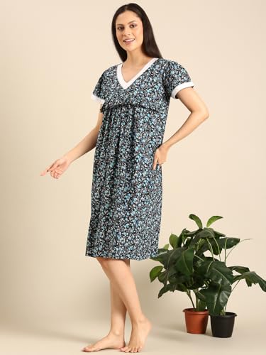 Image of Rupa Jon Aishwarya Women Short Printed Nighty in Premium Cotton Blend Fabric, Midi Length, Night Dress, Three-Fourth Length for Comfortable Everyday Wear
