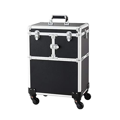 OUDMAY by Amazon - Makeup Case - Professional Rolling Cosmetic Travel Organizer With Mirror and Independent Lid Black