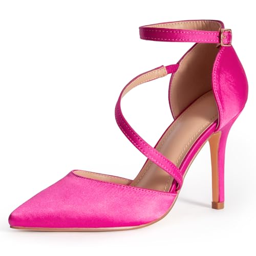 Image of Women's Pointed Toe High Heel Pumps, Elegant Asymmetric Cross Strap D'Orsay Stiletto Strappy Heels, Glossy Patent Dress Shoes for Wedding, Party, and Office