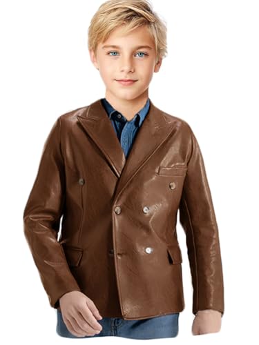 Boys Faux Leather Jacket Double-Breasted Blazer Kids Cauasl Moto Outerwear Outfit
