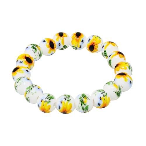Honbay 1PCS Sunflower Porcelain Beads Bracelet Flower Ceramic Bead Stretch Bracelet with 1PCS Velvet Drawstring Bag