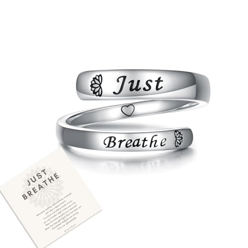 oGoodsunj Sterling Silver Just Breathe Ring: Inspirational Encouragement Rings Adjustable I Am Fearless Motivational Jewelry Gift for Women (Just Breathe)