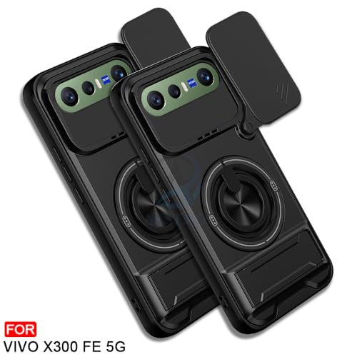 Image of AESTMO Vivo X300 FE 5G Back Cover | Armor Camera Slider 360 Degree Rotating Finger Ring Holder Case with Bracket Stand Back Case Cover (Compatible with MagSafe Accessories) (Black)