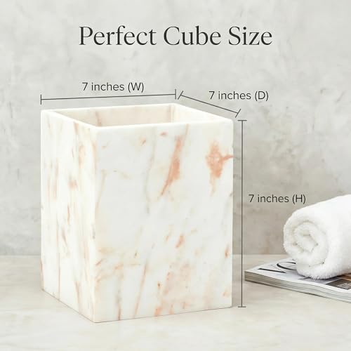 Image of Natural Marble Rectangular Trash Can, 1.9 Gallon /7.2 Liter Garbage Bin, Decorative White Gold Marble Wastebasket, Waste Basket for Bathroom, Bedroom, Home Office, Laundry Room, Kitchen