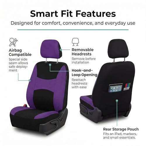 Image of FH Group Front Set Cloth Car Seat Covers for Low Back Car Seats with Removable Headrest, Universal Fit, Airbag Compatible, Seat Cover for SUV, Sedan, Van, Purple