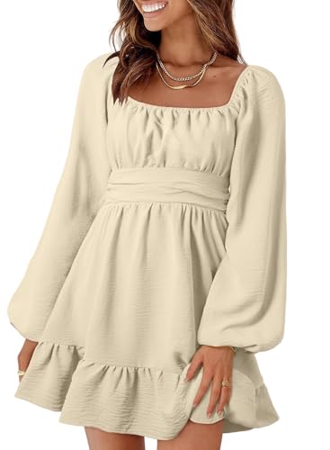 Dokotoo Womens Dresses Square Neck Tie Back Apricot Dress Puff Long Sleeve Dress Ruffle A-Line Mini Dress Casual Summer Outifits for Wedding Guest Medium