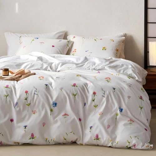 Tospass Blumen Bettwäsche 155x220 cm Weiß Bunt Blätter Pflanzen Muster Bettwäsche Set Floral Bettbezug Mikrofaser Wende Bettwäsche 1 Deckenbezug mit Reißverschluss 1 Kissenbezug 80x80 cm