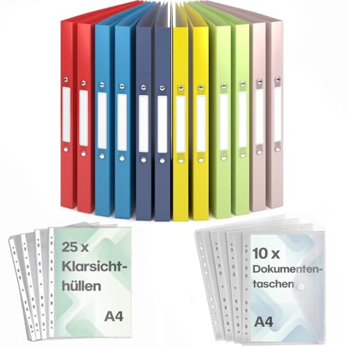 ACROPAQ - 12 x Ringbuch A4 - Inkl. 10x Dokumententasche, 25x Klarsichthüllen und 12x Rückenetiketten, Mit 2 Ringen, Rückenbreite 2,5 cm, Sommer, 'Nature' Farbkollektion - Ringordner, Ringordner