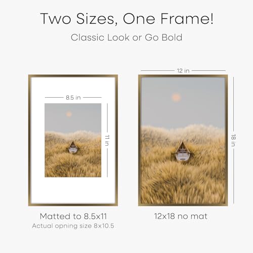 Image of Homeforia 12x18 Bronze Picture Frame, High End Metal 12x18 Brass Poster Frames with Mat 8.5x11 Photo, 12 x 18 Frame Matted to 8.5 by 11 inch Print, 18x12 Thin Frame, Tempered Glass, Wall Kit, Set of 2
