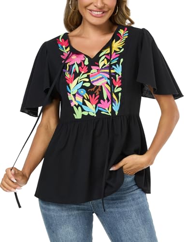 Image of Mexican Shirts Peasant Blouses for Women Cotton Embroidered Blouses Fiesta Summer Bohemian Shirts 3 /4 Sleeves