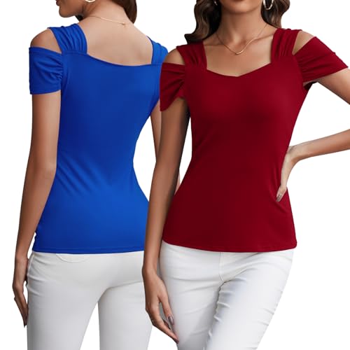 Image of Blingfit Cold Shoulder Tops Summer Tunic Shirts for Women T Shirts V Neck Short Sleeve Casual Tees Blouses 2026
