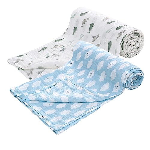 Image of Miracle Baby Muslin Swaddle Blanket for Girl Boy, 47 inchx47 inch 100% Cotton Muslin Extra-Large Swaddle Blankets, Muslin Swaddling Wrap Neutral Receiving Blanket for Newborn, 2 Pack, Cloud + Whale